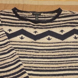 Lauren Jean Co. Navy and Cream Patterned Crewneck Sweater